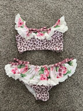 Adorable leopard and floral Cheeky Plum bikini, side 5T